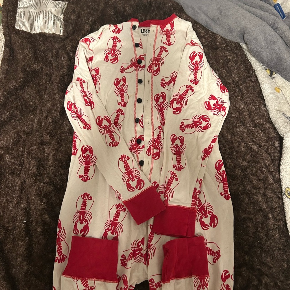 Lazy One Red & Cream Lobster Button Romper